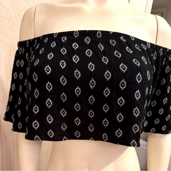 EARTHBOUND FLOUNCE SLEEVE OFF SHOULDER BOHO BLUE GEO PRINT FLOWY CROP M - Picture 4 of 12